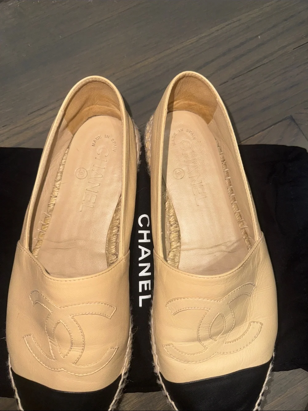 CHANEL Beige Leather Espadrille Flats with Black Cap Toe